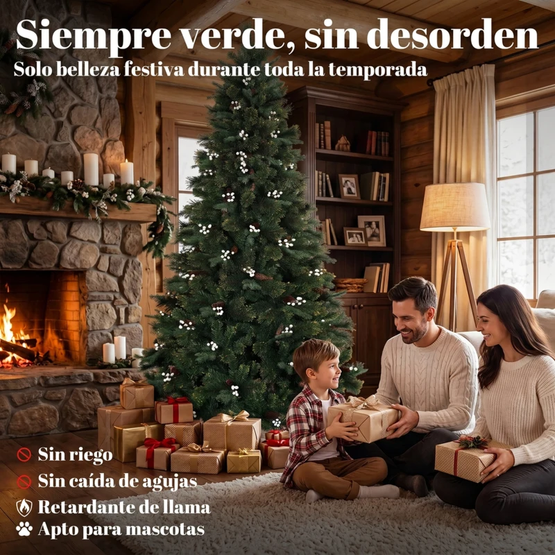 HOMCOM Árbol de Navidad Artificial 220 cm con 1116 Ramas Base Metálica Plegable Sistema con Bisagras Realista y Frondoso Verde