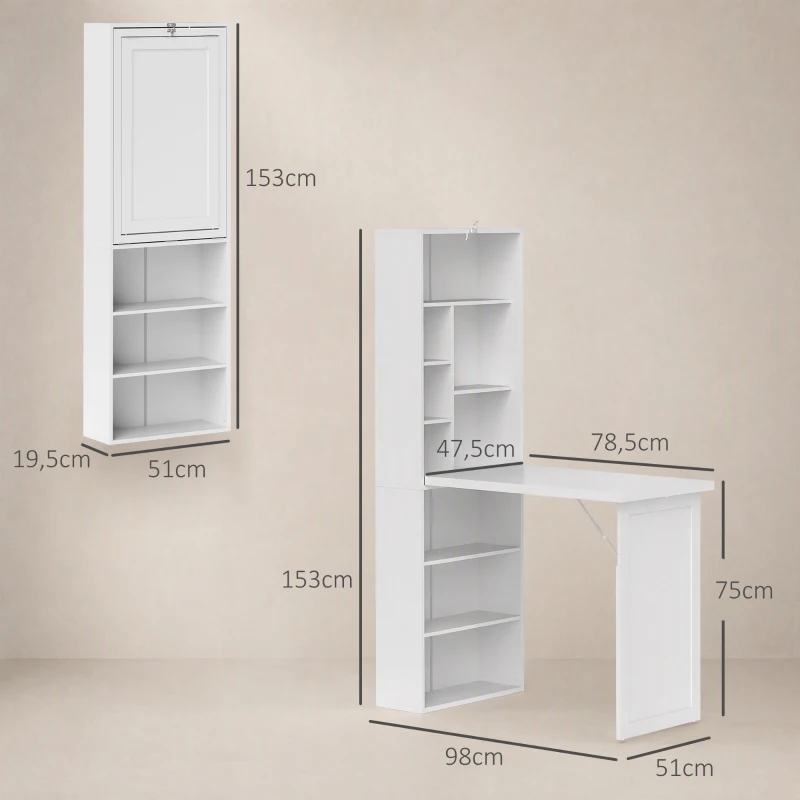 HOMCOM Bureau d'ordinateur pliable avec bibliothèque, poste de travail, tableau blanc et étagère réglable, 98x51x153cm, blanc