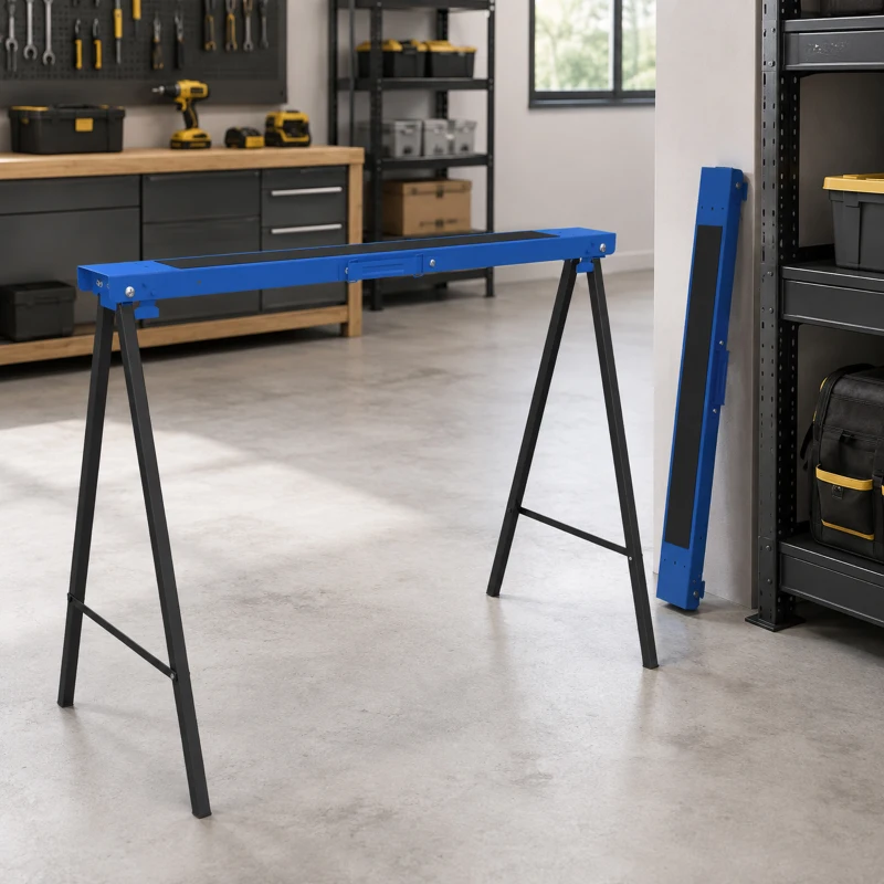 DURHAND Set 2 Pezzi Cavalletti da Lavoro Pieghevoli, Piano di Lavoro in Gomma Antiscivolo, Portata 250kg, Blu