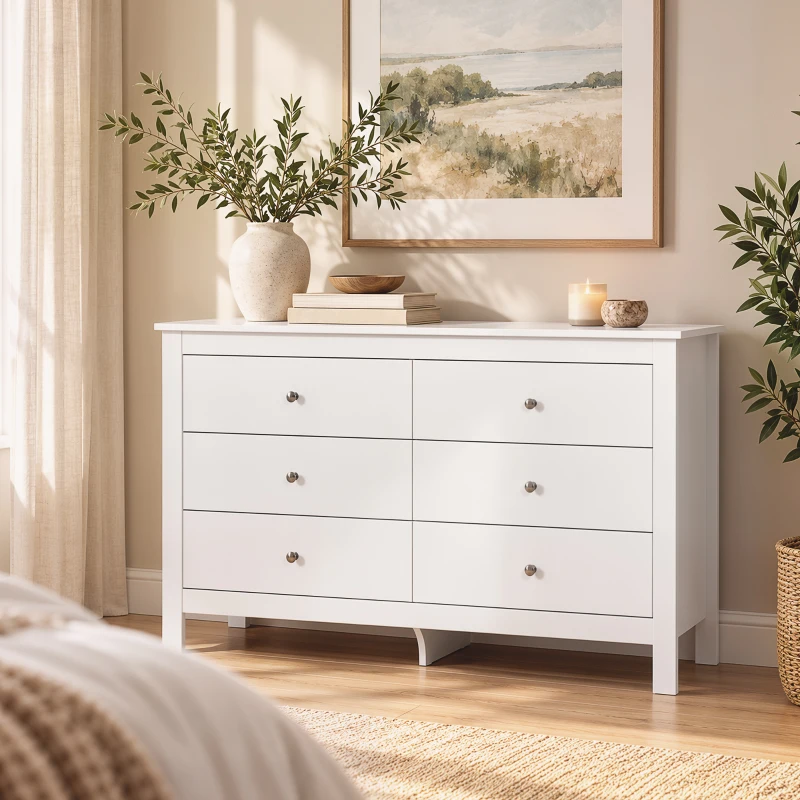 HOMCOM Commode 6 Tiroirs, Meuble de Rangement avec Glissières Fluides, Chiffonnier, Style Moderne, 118 x 39,5 x 75,5 cm, Blanc