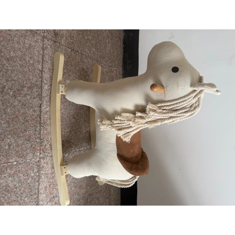 AIYAPLAY Caballito Balancín para Bebés con Sonidos de Cascos y Relinchos Base de Madera Tapizado en Pana 18 a 36 Meses Blanco