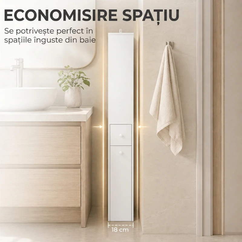 HOMCOM Dulap Baie Slim cu Organizator Glisant pe Roți, Sertar și Raft Reglabil, MDF, 18 x 40 x 135 Cm, Alb