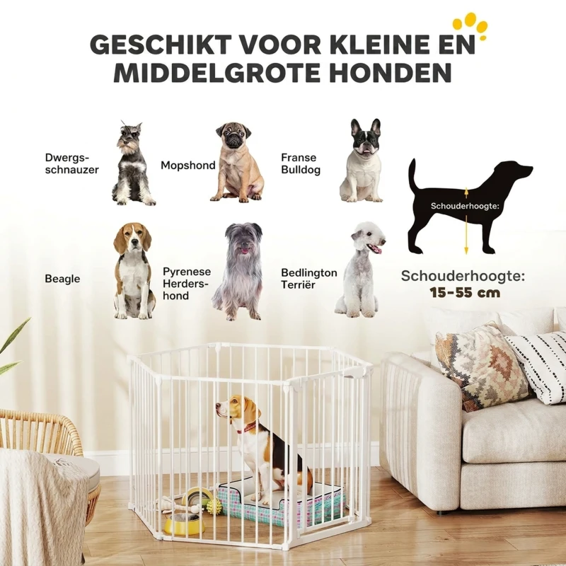 PawHut Dierenhek, 6-panel barrière met deur, opvouwbaar, voor kleine & middelgrote honden, kunststof, koolstofstaal, wit
