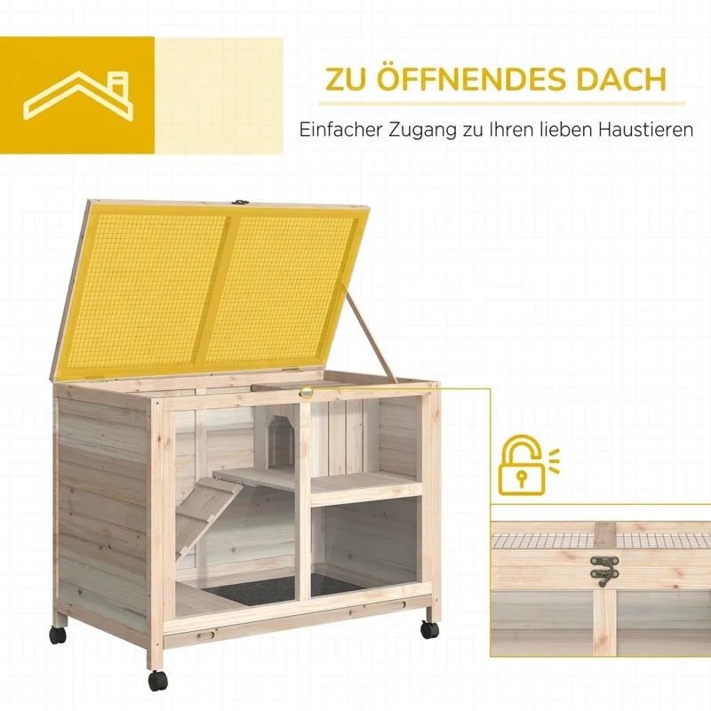 PawHut Kleintierstall mit 2 Ebenen 4 Rollen versiegeltes Tannenholz Natur