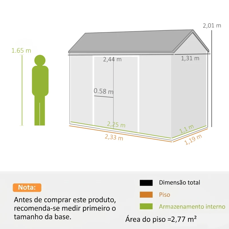 Outsunny Abrigo de Jardim Exterior 2,77 m² 244x131x201 cm com Base, Portas com Fecho, Janelas e Ventilação, Cinzento Escuro