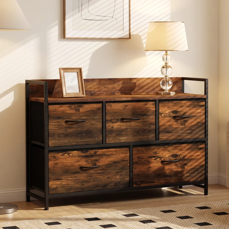 HOMCOM Cajonera de Tela con 5 Cajones y Marco Metálico Estilo Industrial para Salón Recibidor 98x29x63 cm Marrón Rústico