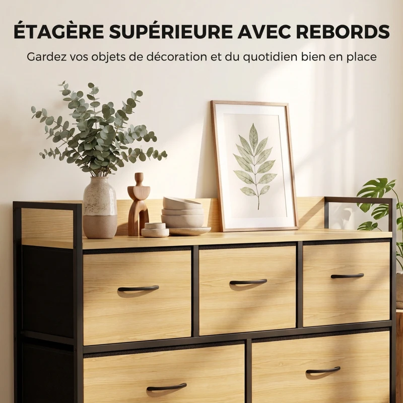 HOMCOM Commode, meuble de rangement avec 5 tiroirs en tissu pliables, plateau et cadre en acier, 98 x 29 x 63 cm, chêne