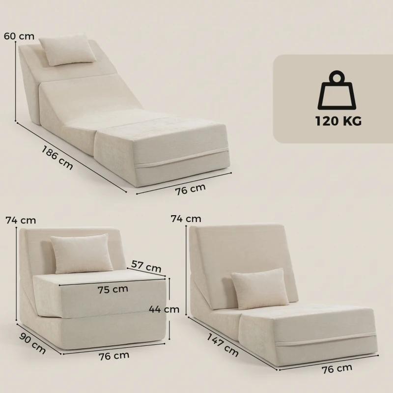 HOMCOM Sofá-Cama Dobrável 3 em 1 Poltrona 1 Lugar Conversível em Chenille Almofada e Encosto Compacto sem Montagem Bege