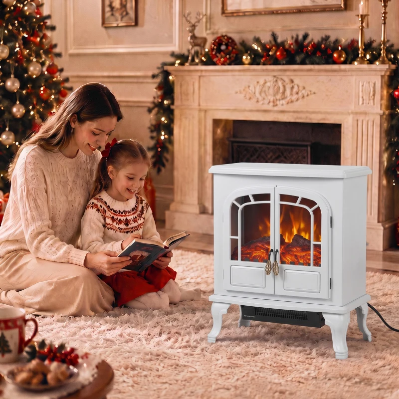 HOMCOM Freestanding Electric Fireplace Stove Heater with LED Fire Flame Effect White