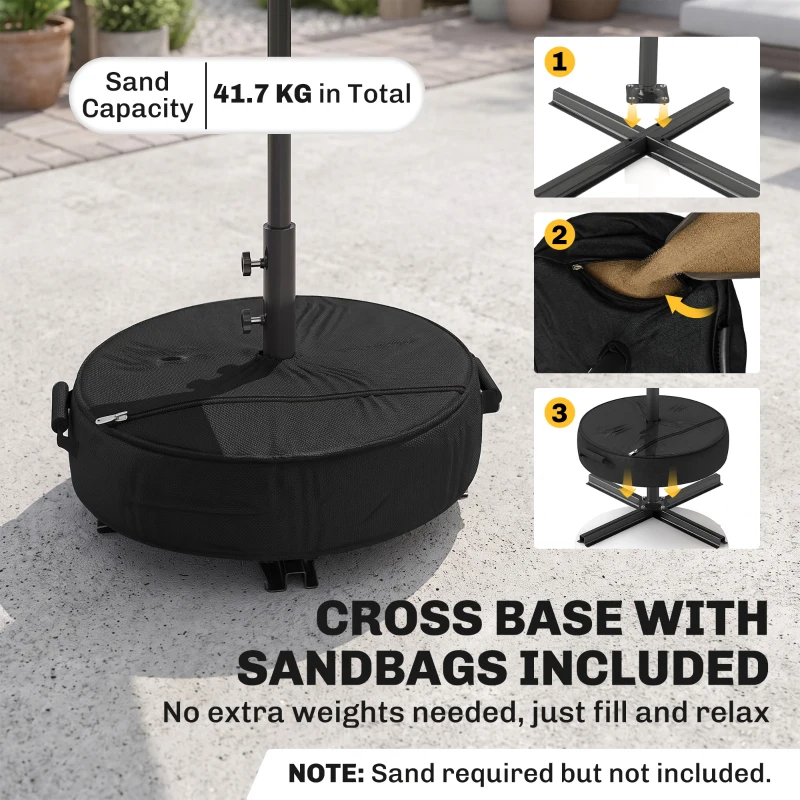 Outsunny 2.7 m Garden Parasol Umbrella with Cross Base and Sandbag, Retractable Ribs, Outdoor Table Market Umbrella, Black