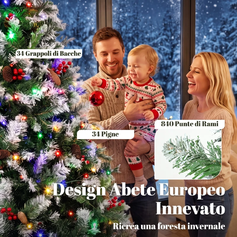 HOMCOM Albero di Natale Innevato 180 cm, 250 LED a 2 Colori, Telecomando, 11 Modalità, Pigne e Bacche Rosse