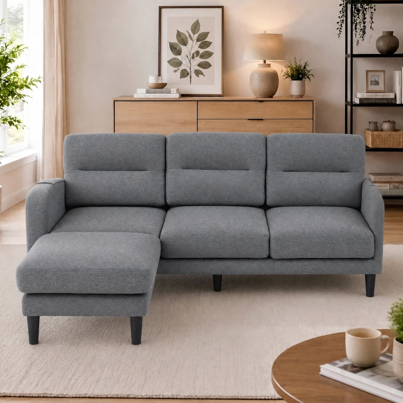 L-Shaped Sectional Sofa with Movable Chaise and Storage Pockets, Modular 3-Seater Corner Sofa for Living Room, 204L × 136W × 80H cm, Grey
