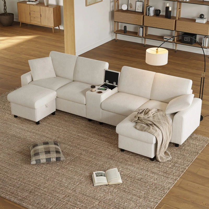 Modern Corduroy U-Shaped Sectional Sofa with 2 Movable Storage Ottomans, Soft Luxury Couch with USB Charging Ports, 315L x 135W x 81H cm, Beige