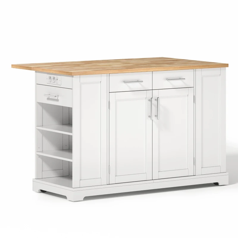 Modern Rolling Kitchen Island Trolley with Woodgrain Worktop, Mobile Storage Cart Unit with Pull-Out Bin Compartment, 138L x 86W x 92H cm, White