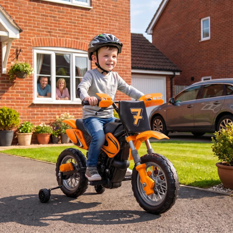 AIYAPLAY Moto Eléctrica Niños 12V 2 Ruedas Auxiliares Desmontables 2 Motores Suspensión Trasera 3 km/h 3-6 Años Naranja