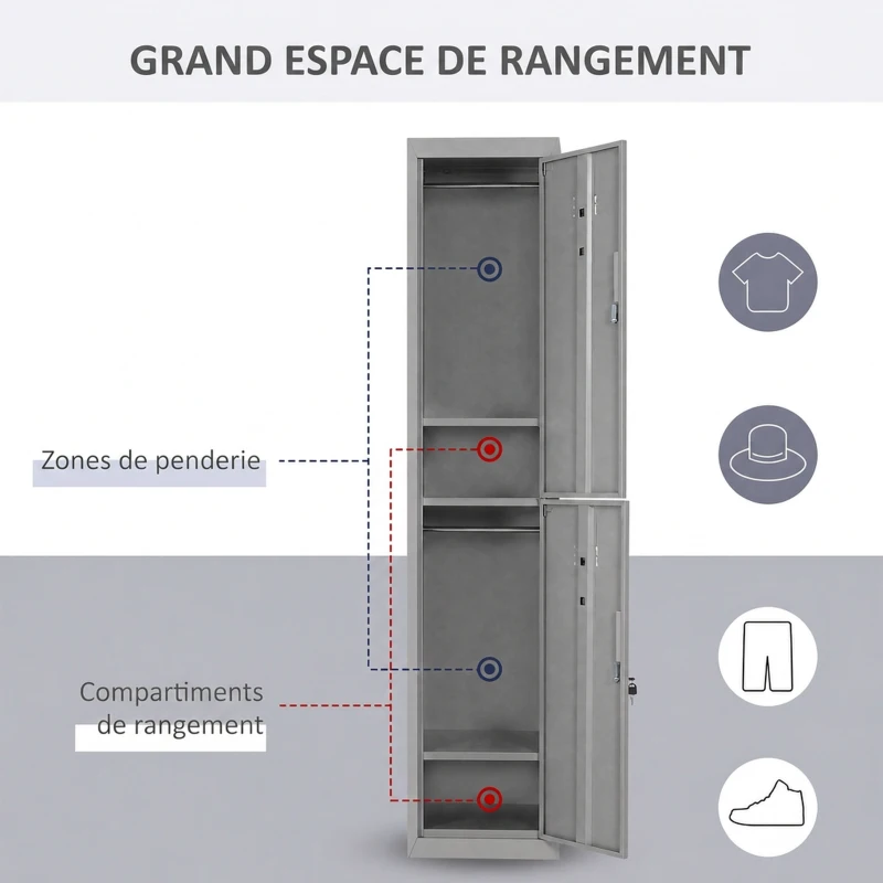 Vinsetto Armoire métallique à casiers avec 2 compartiments, verrouillable avec 2 clés, 4 étagères, 38 x 46 x 180 cm, gris