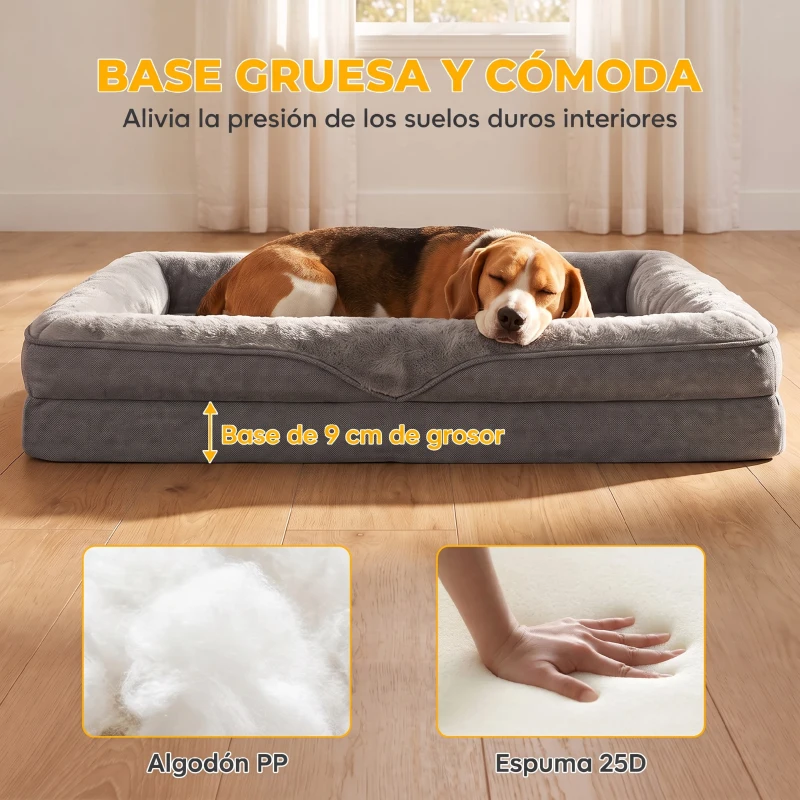 PawHut Cama para Perros Medianos Cama para Gatos Colchón para Perros con Base Antideslizante Funda Lavable 91x68x16 cm Gris