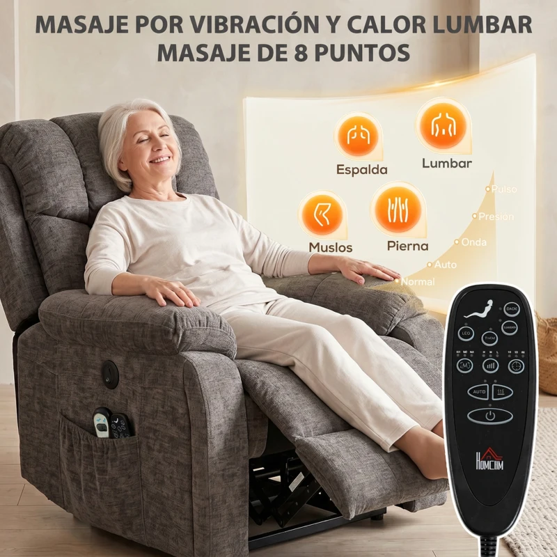 HOMCOM Sillón Relax Reclinable Eléctrico Levanta Personas Mayores 8 Puntos Masaje y Calor Reposapiés Portavasos Gris Oscuro