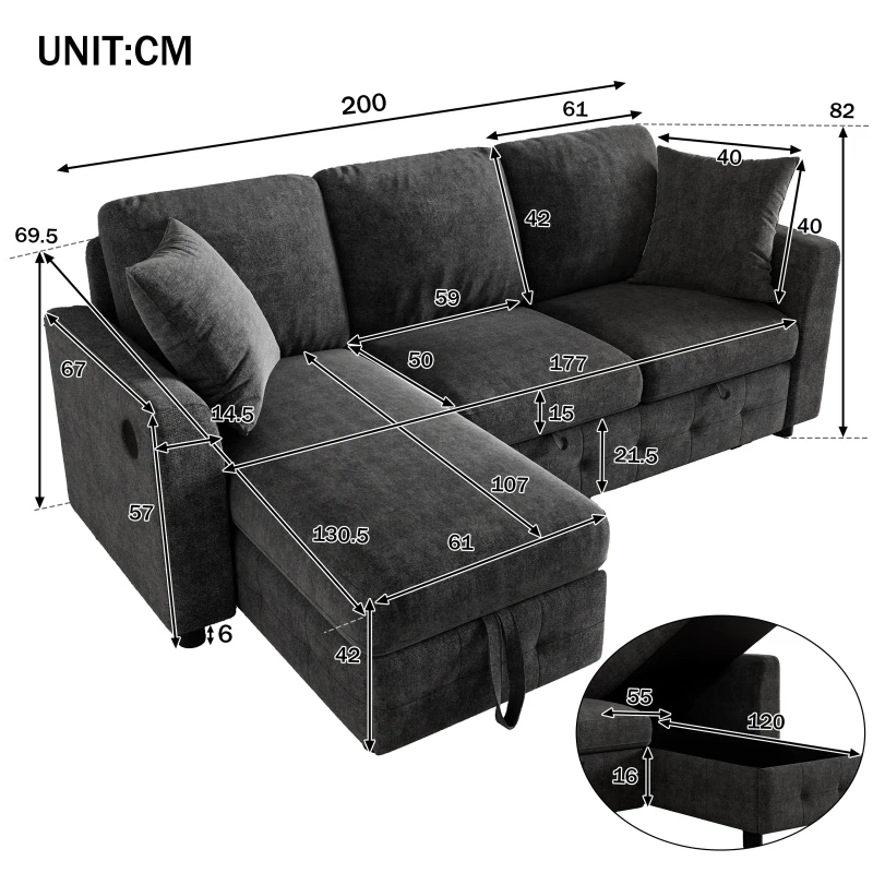 Modern Chenille L-Shaped Sectional Sofa with Storage Chaise Lounge, Soft Convertible Sleeper Couch with 2 Cushions, 200L x 130.5W x 83.5H cm, Gray