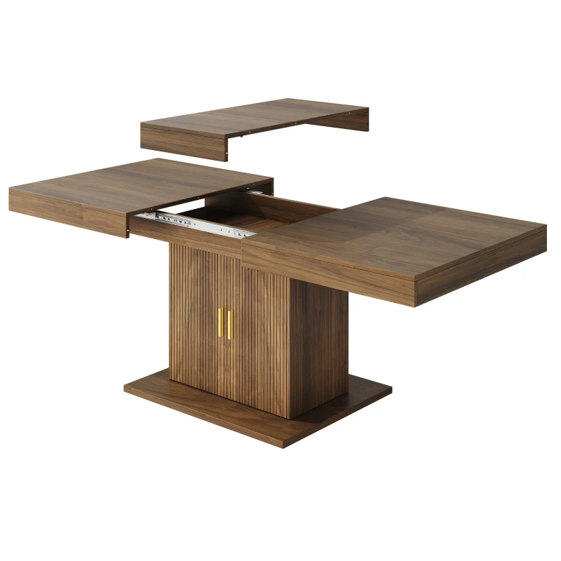 Extendable Dining Table with Integrated Storage, Space-Saving Kitchen Table with Grooved Doors and Shelves, 140-180L x 90W x 75H cm, Walnut