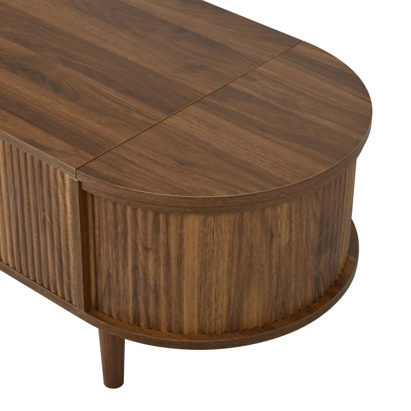 Vintage-Style Oval Coffee Table with Lift-Top and Storage, Multifunctional Storage Table for Living Room, 100L x 48W x 53.5H cm, Walnut