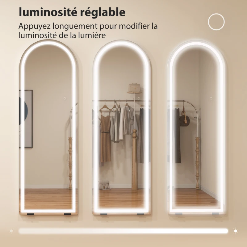 HOMCOM Miroir Pleine Longueur Arqué avec Lumières 150 x 50 cm, Couleur et Luminosité Réglables, Fonction Mémoire, Transparent