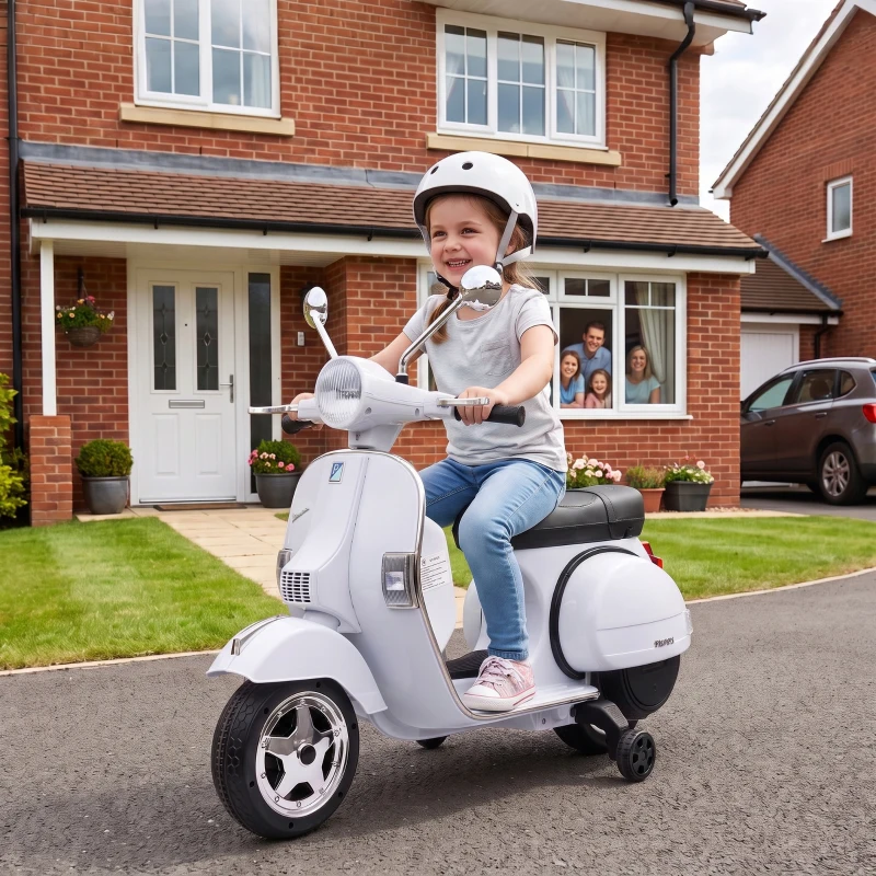 AIYAPLAY Moto Eléctrica Niños 12V Vespa PX150 Ruedas Auxiliares 2 Motores Suspensión Trasera Música Faros 3 km/h 3-6 Años Blanco
