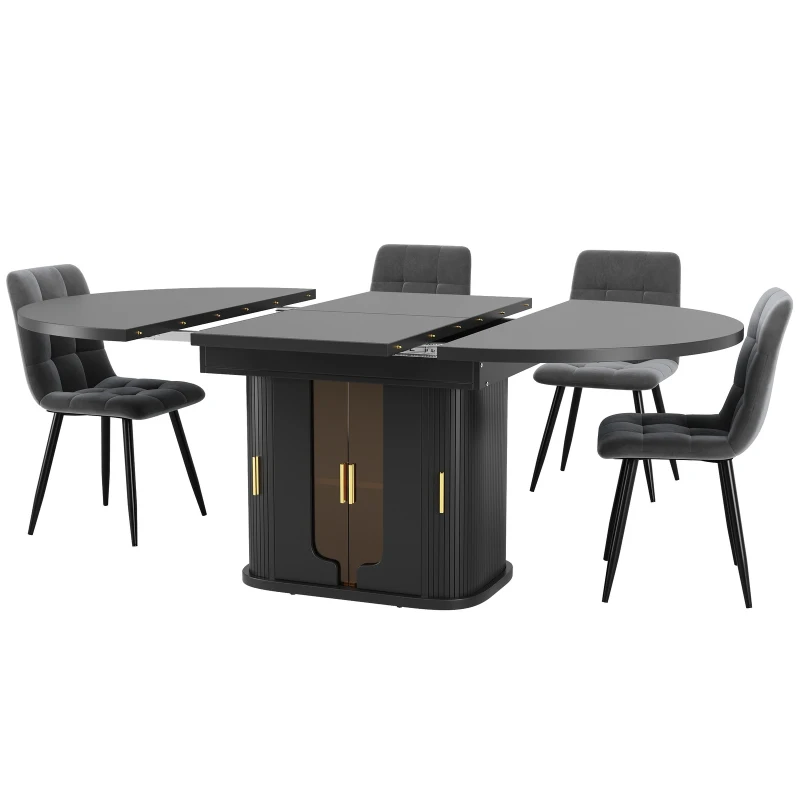 Extendable Dining Table with Glass Doors and Hidden Storage, Space-Saving Oval Dining Table for Up to 6 People, 120-160L x 118W x 77H cm, Black