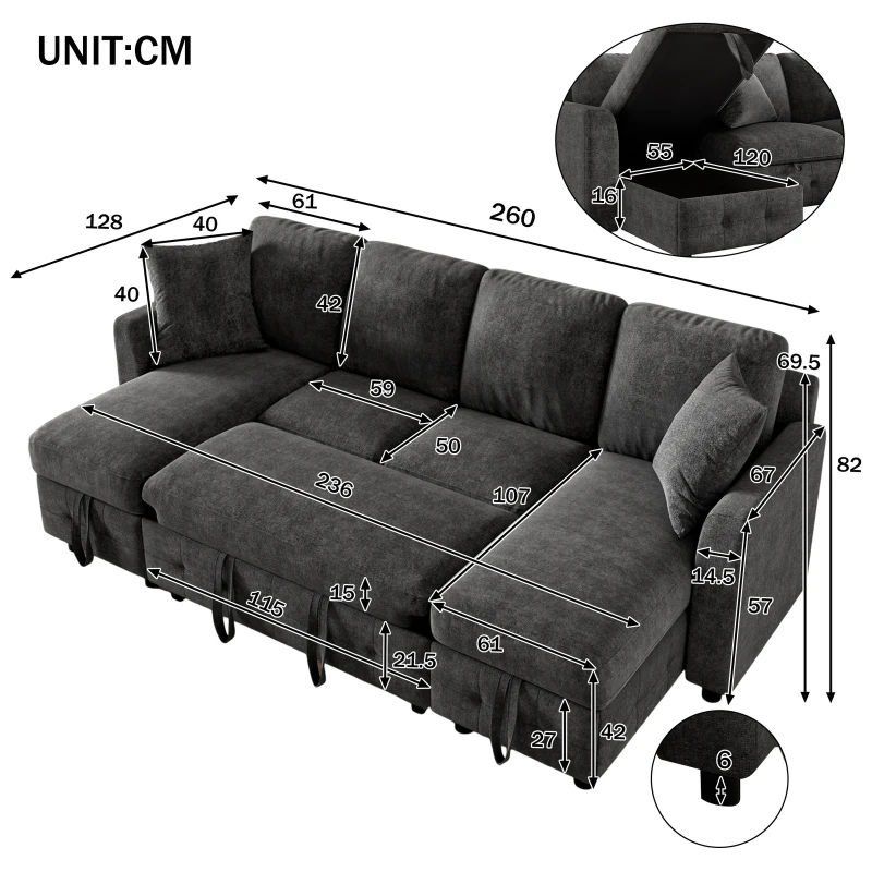 Modern U-Shaped Sectional Sofa with 2 Storage Chaise Lounges, Convertible Sleeper Couch with 2 Square Cushions, 260L x 128W x 82H cm, Gray