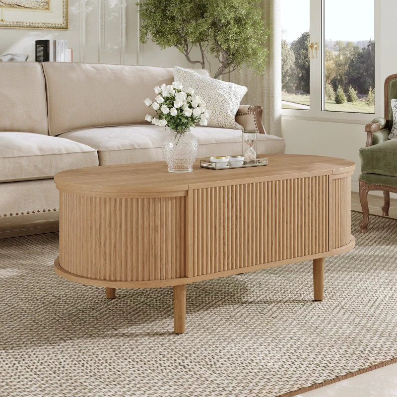 Oval Height-Adjustable Coffee Table with Flip-Top Storage, Vintage-Style Accent Table for Apartments, 100L x 48W x 53.5H cm, Walnut