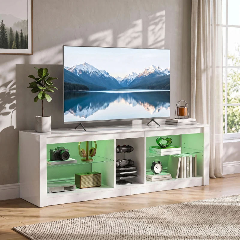 HOMCOM TV Stand Cabinet with LED Lights and Remote Control for TVs up to 65", Entertainment Centre with Storage Shelves, White