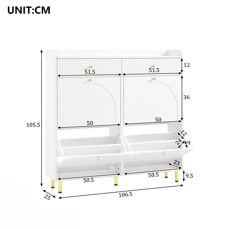 Modern Shoe Cabinet with 4 Flip Doors and 2 Drawers, Space-Saving Entryway Storage Organizer with Metal Handles, 106.5L x 25W x 105.5H cm, White