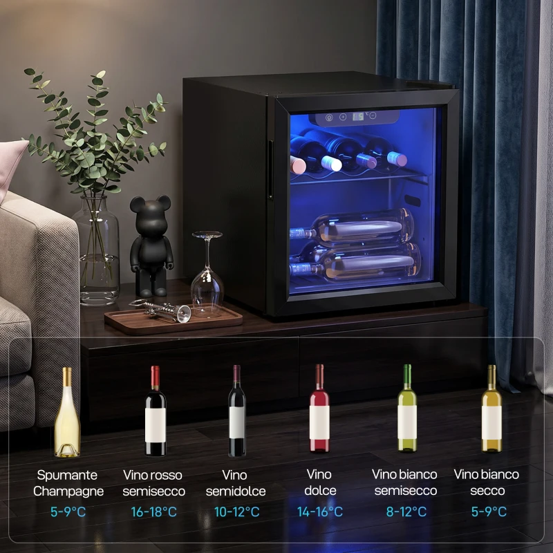 HOMCOM Cantinetta Vino Refrigerata 12 Bottiglie 36L, Temperatura Regolabile 4-16°C con Vetro Anti UV, Nera