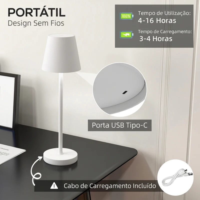 HOMCOM Candeeiro de Mesa com Luzes LED Candeeiro de Mesa Sem Fios Recarregável por USB-C 3 Cores Ø11,2x36,5 cm Branco