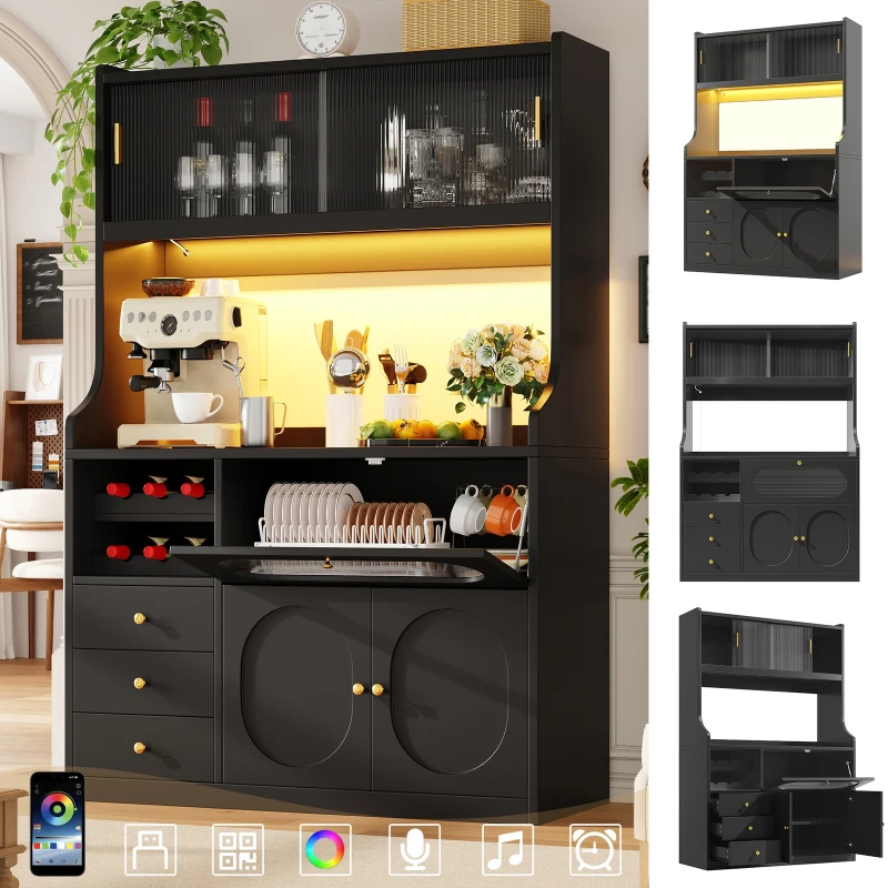 Tall Kitchen Cabinet with App-Controlled RGB LED and Glass Doors, Storage Unit with Wine Rack and 3 Drawers, 120L x 40W x 180H cm, Black