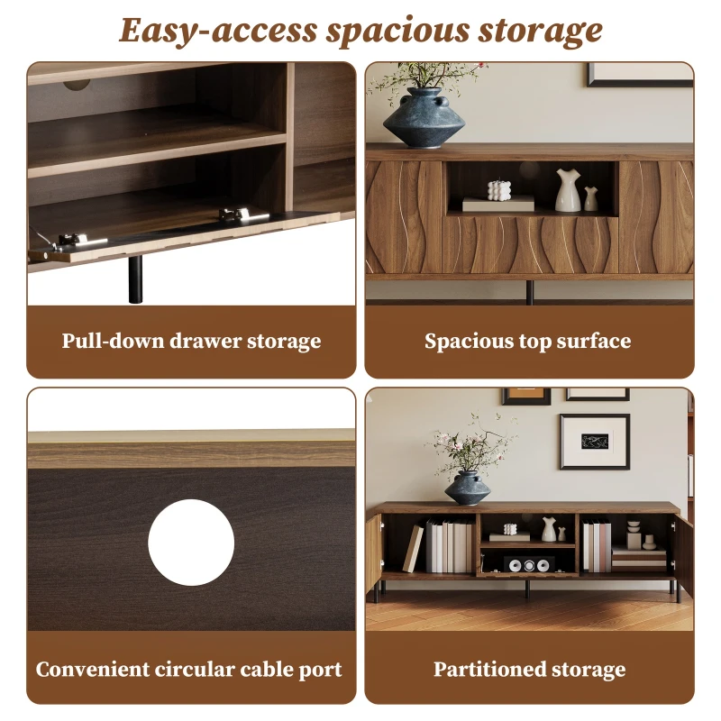 Modern TV Cabinet with Wave-Shaped Doors, Minimalist Media Console for Living Room, 160L x 35W x 46H cm, Natural