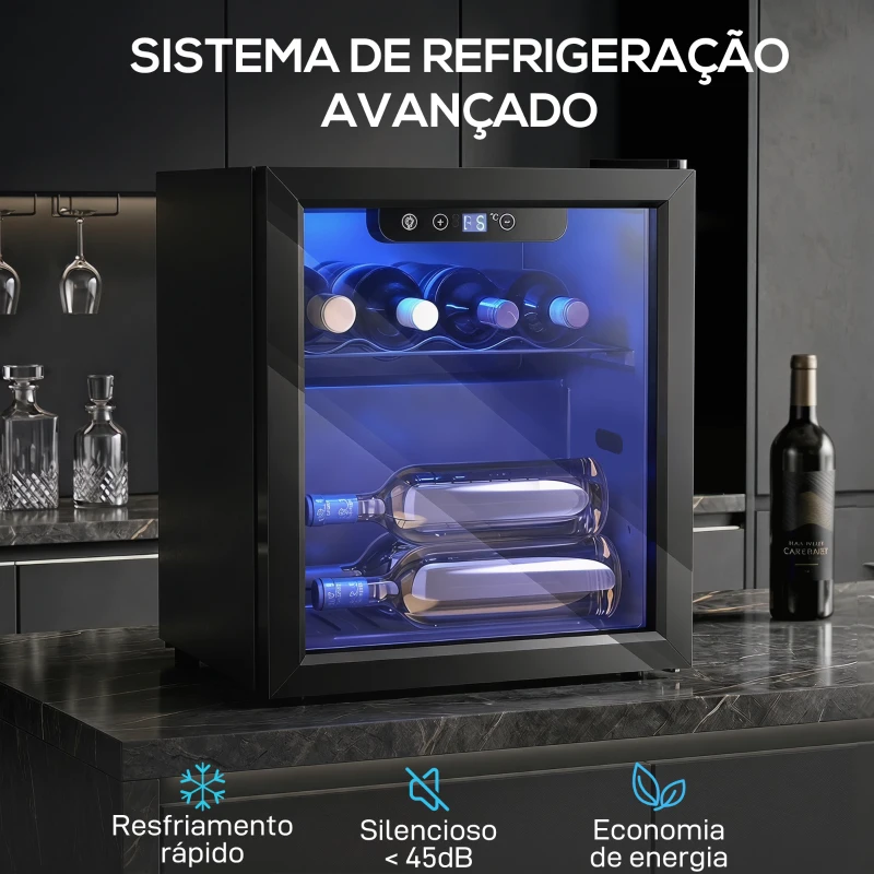 HOMCOM Vinoteca 12 Garrafas, Frigorífico para Vinhos 36 L com Temperatura Ajustável 4-16 ℃ Porta de Vidro Duplo Luz LED, Preto
