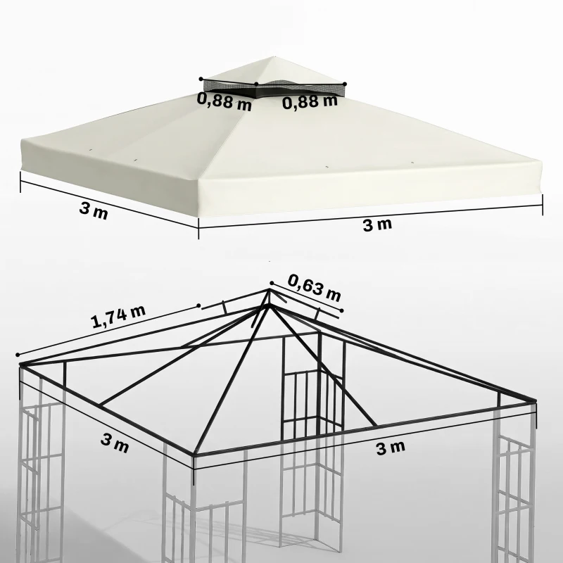 Outsunny 3 x 3 m Ersatzdach für Pavillon, Pavillon-Ersatzplane mit Wasserablauf-Löchern, UPF30+, Sonnenschutz, Hellgrau