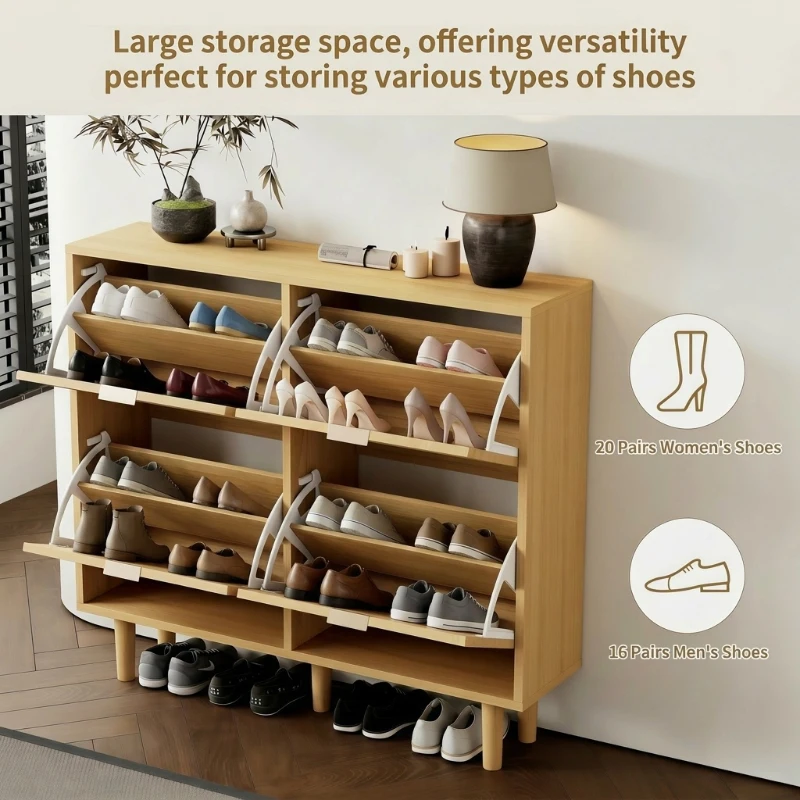 Modern Rattan Shoe Cabinet with 4 Flip Drawers, Space-Saving Storage Organiser Cupboard with Adjustable Shelves, 100L x 25W x 90.5H cm, Light Oak
