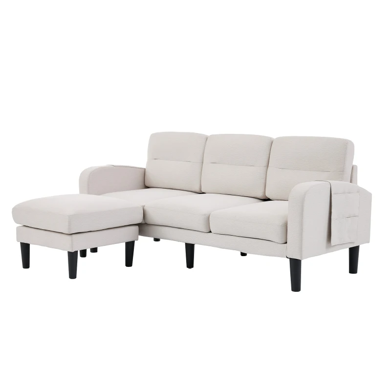 L-Shaped Sectional Sofa with Movable Chaise and Storage Pockets, Modern 3-Seater Corner Sofa for Living Room, 204L x 136W x 80H cm, Beige