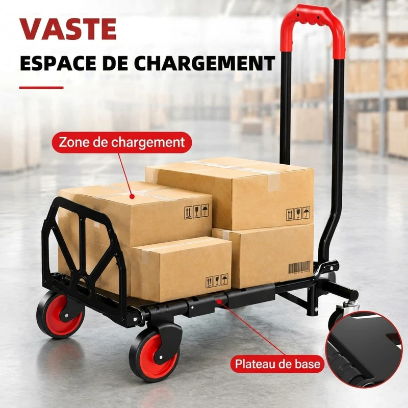 HOMCOM Diable et Chariot de Transport à Roulettes Pliable 2-en-1, Charge Max 120 kg, Base Rabattable, Acier, 83x44x78cm, Rouge