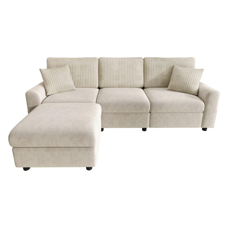 Modern Upholstered Sectional Sofa with USB Type-C Charging Ports, Soft Convertible Couch with 2 square cushions, 223L x 146W x 84H cm, Beige