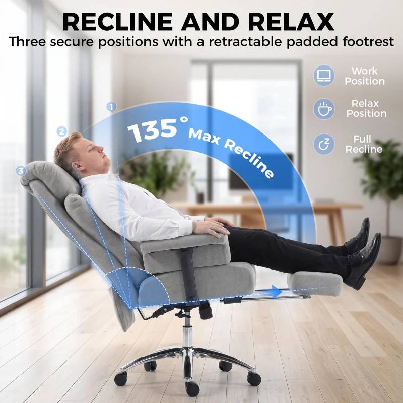 HOMCOM Big and Tall Office Chair, 250 kg Heavy Duty Executive Desk Chair with Adjustable Padded Armrests and High Back, Grey
