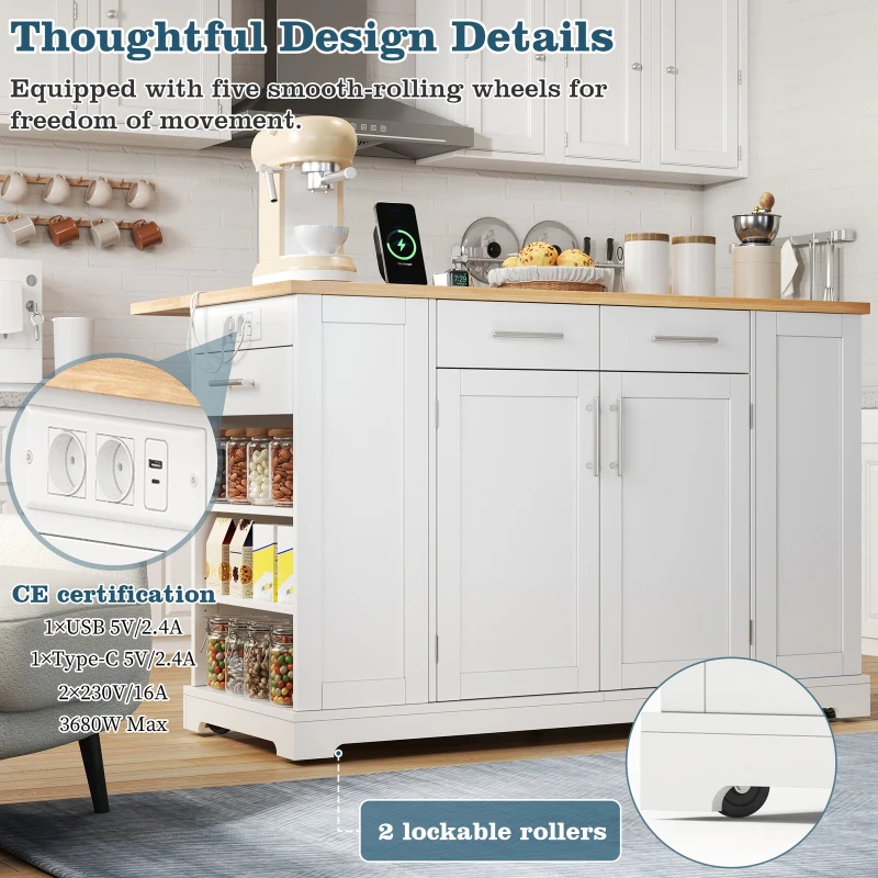 Modern Rolling Kitchen Island Trolley with Woodgrain Worktop, Mobile Storage Cart Unit with Pull-Out Bin Compartment, 138L x 86W x 92H cm, White