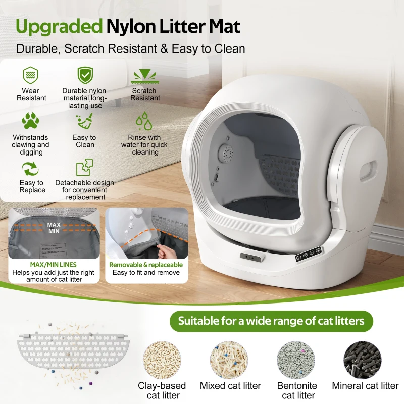 Self-Cleaning Cat Litter Box with App Control and 8L Waste Bin, Automatic Cat Litter Tray for One to Two Cats, 53L x 45.5W x 56.5H cm, White