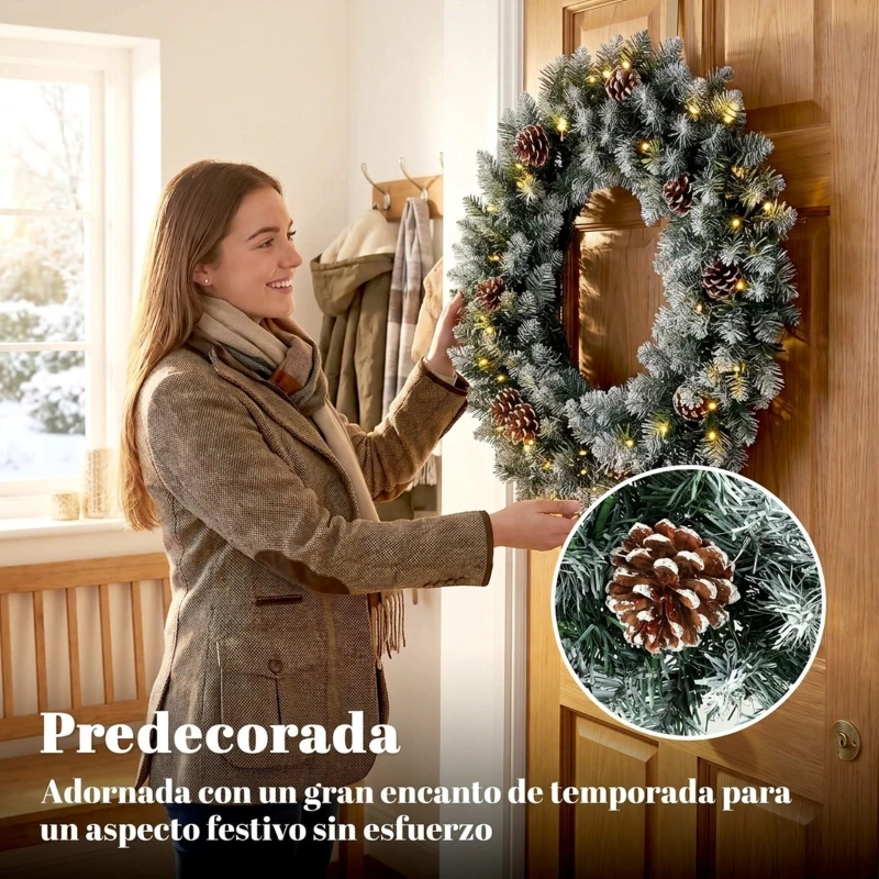 HOMCOM Corona de Navidad para Puerta Efecto Nevado de 60 cm con 50 Luces LED 8 Modos Piñas para Balcón Paredes Ventanas