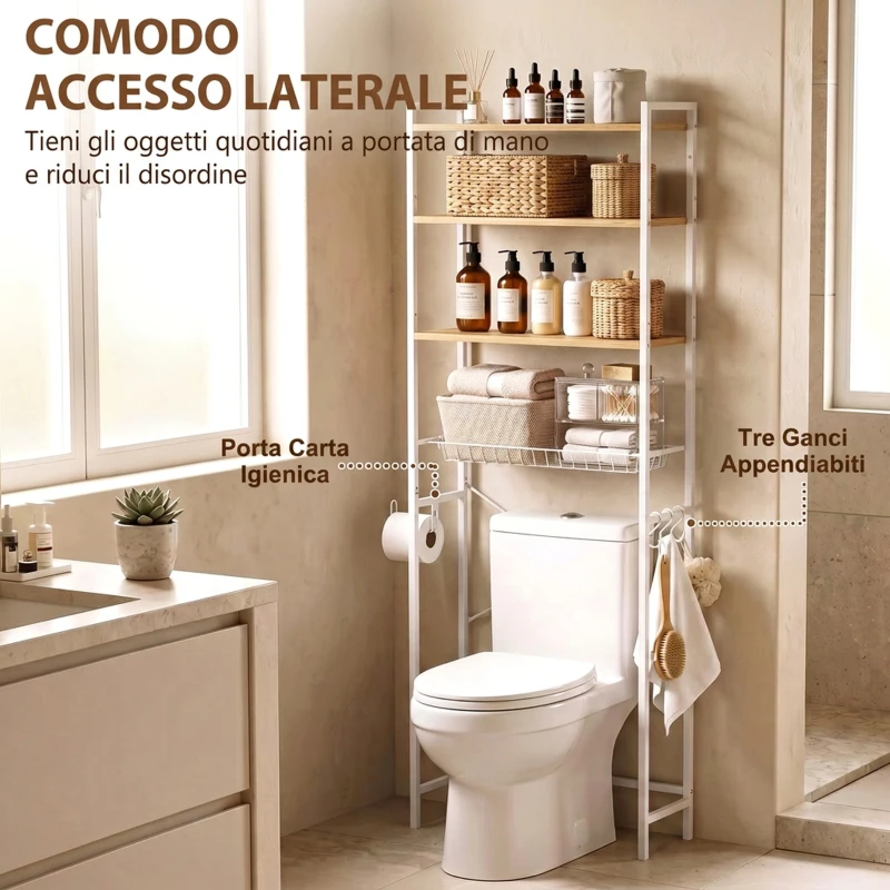HOMCOM Mobile Sopra WC, Scaffale Salvaspazio 3 Ripiani, Rovere e Bianco