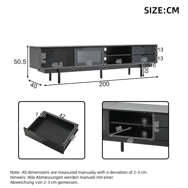 Modern Minimalist TV Cabinet with Cable Management, Sideboard with 2 Doors, 2 Drawers and 1 Open Shelf, 200L x 40W x 50.5H cm, Black