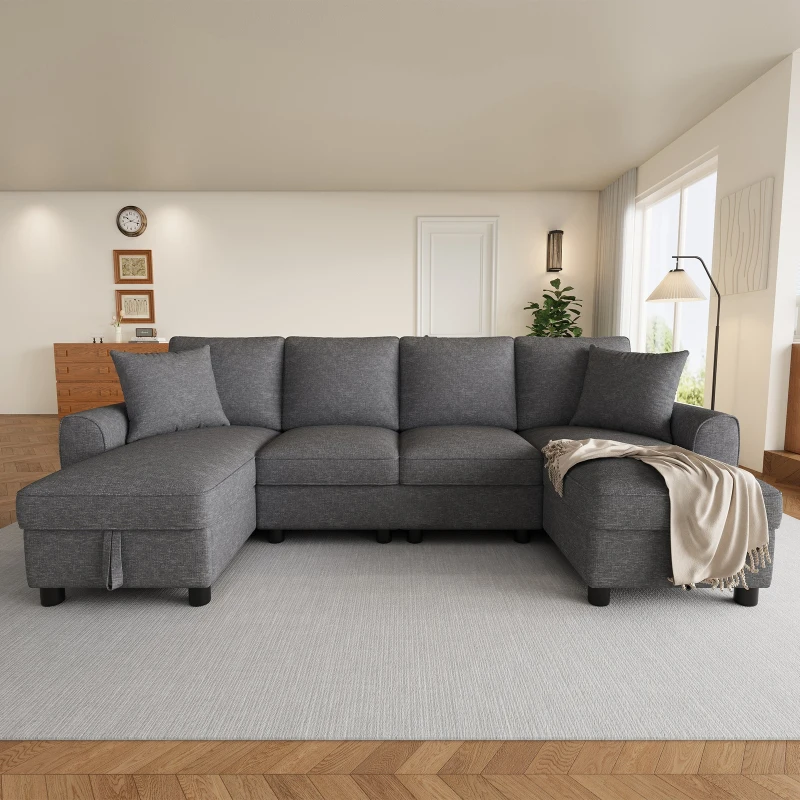 Modern Chenille U-Shaped Sectional Sofa with 2 Storage Chaise Lounges, Soft Convertible Couch with 2 Square Cushions, 272L x 131.5W x 84H cm, Grey