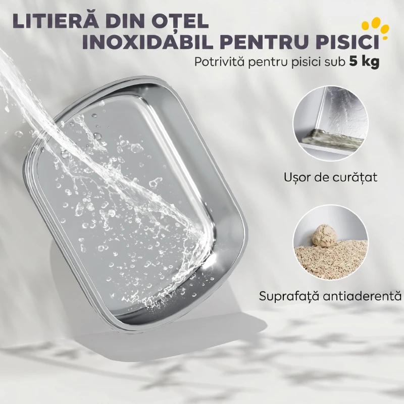 PawHut Litieră închisă pentru pisici, L, din oțel inoxidabil, cu mâner, lopățică și deodorant, anti-împrăștiere, gri
